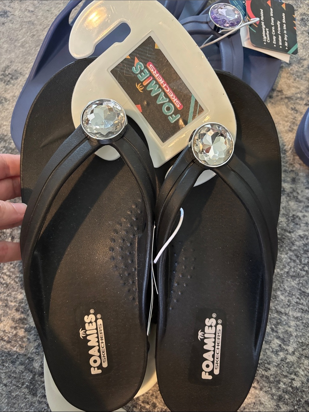 Skechers Black Flip Flop Sandals with Clear Gem Accents